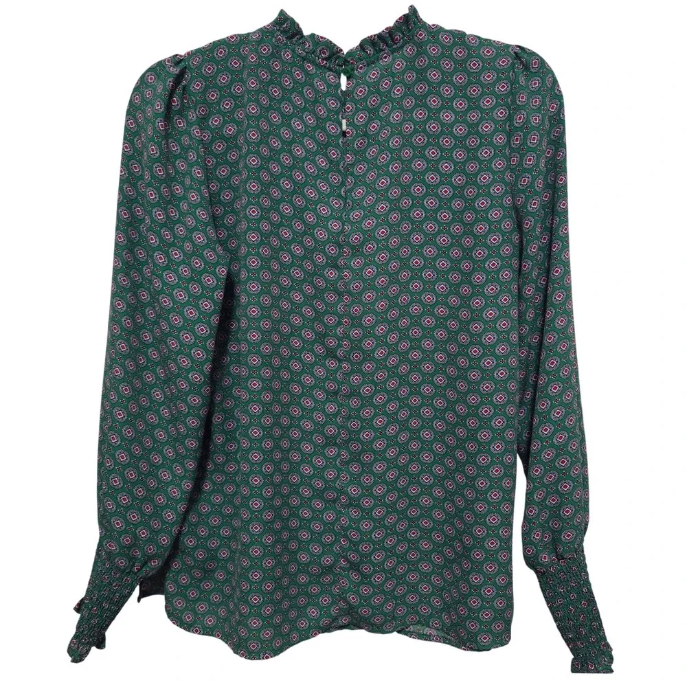 Maison dAmelie Paris Green Geometric Print Mock Neck Ruffle Blouse Long Sleeve M - Picture 5 of 9